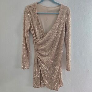 Rose Gold Sequin Wrap V-Neck Mini Dress Long Sleeve Ruched Cocktail Party Size M
